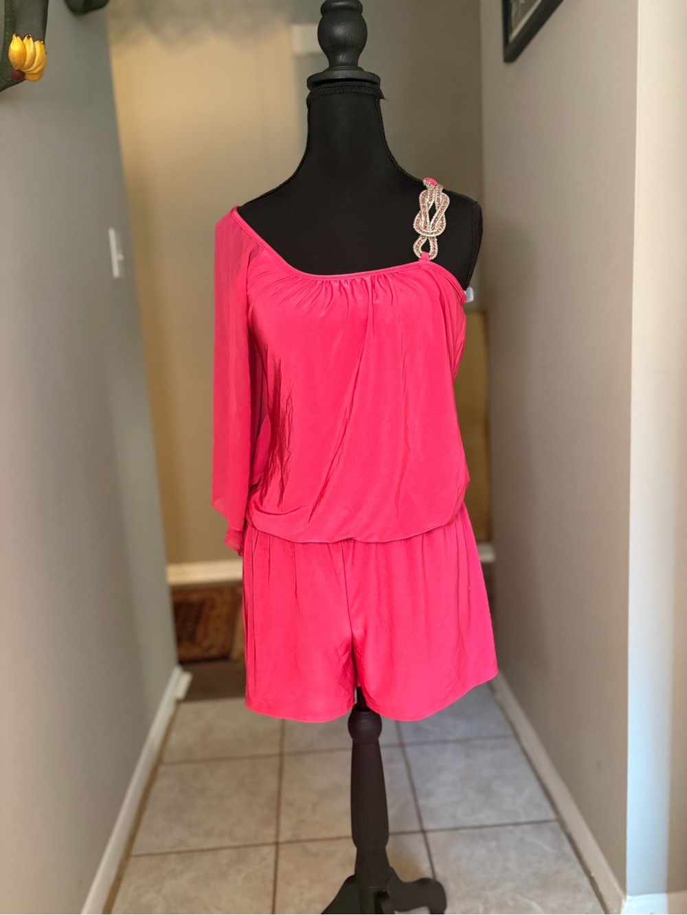 Entry Hot Pink One-Shoulder Romper with Embellished Strap